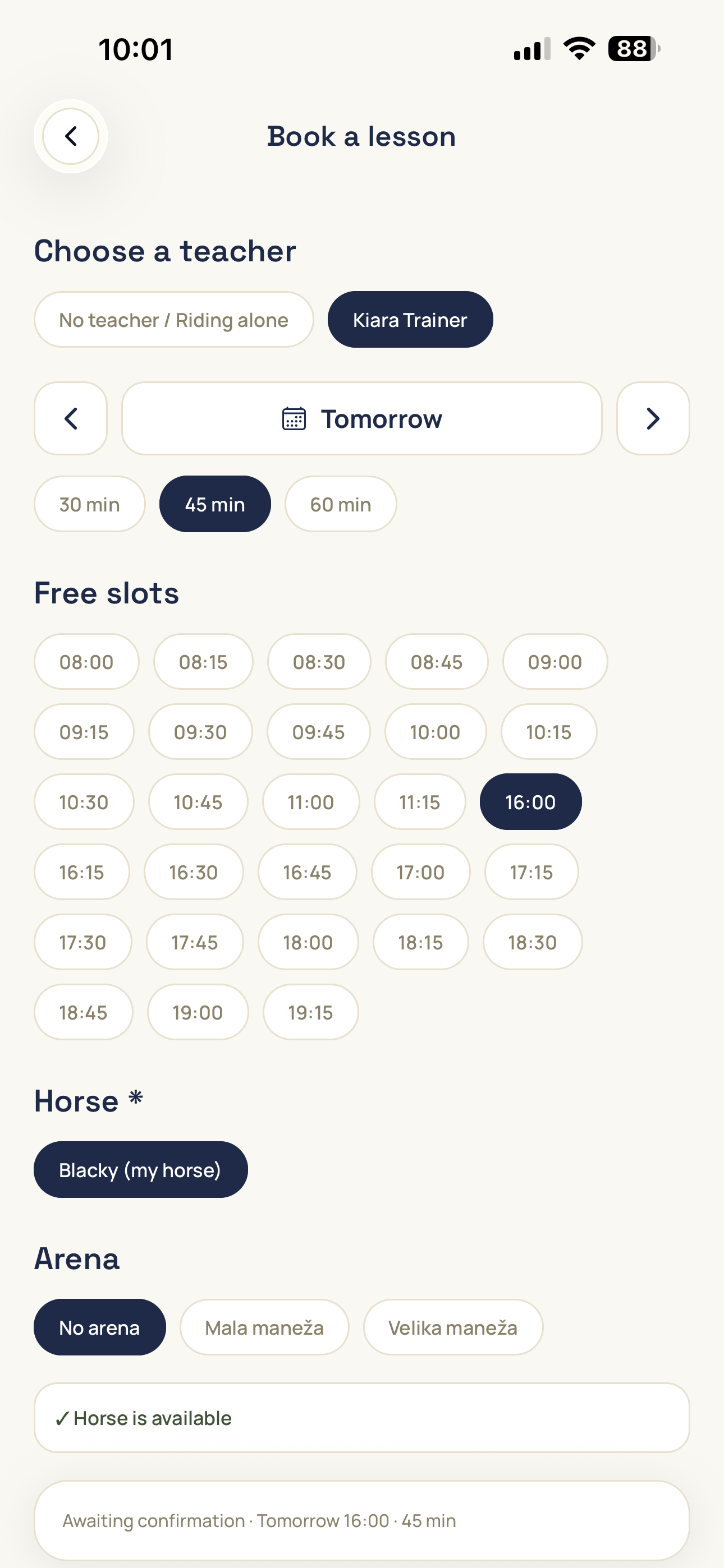 The mobile app — booking a lesson with a trainer
