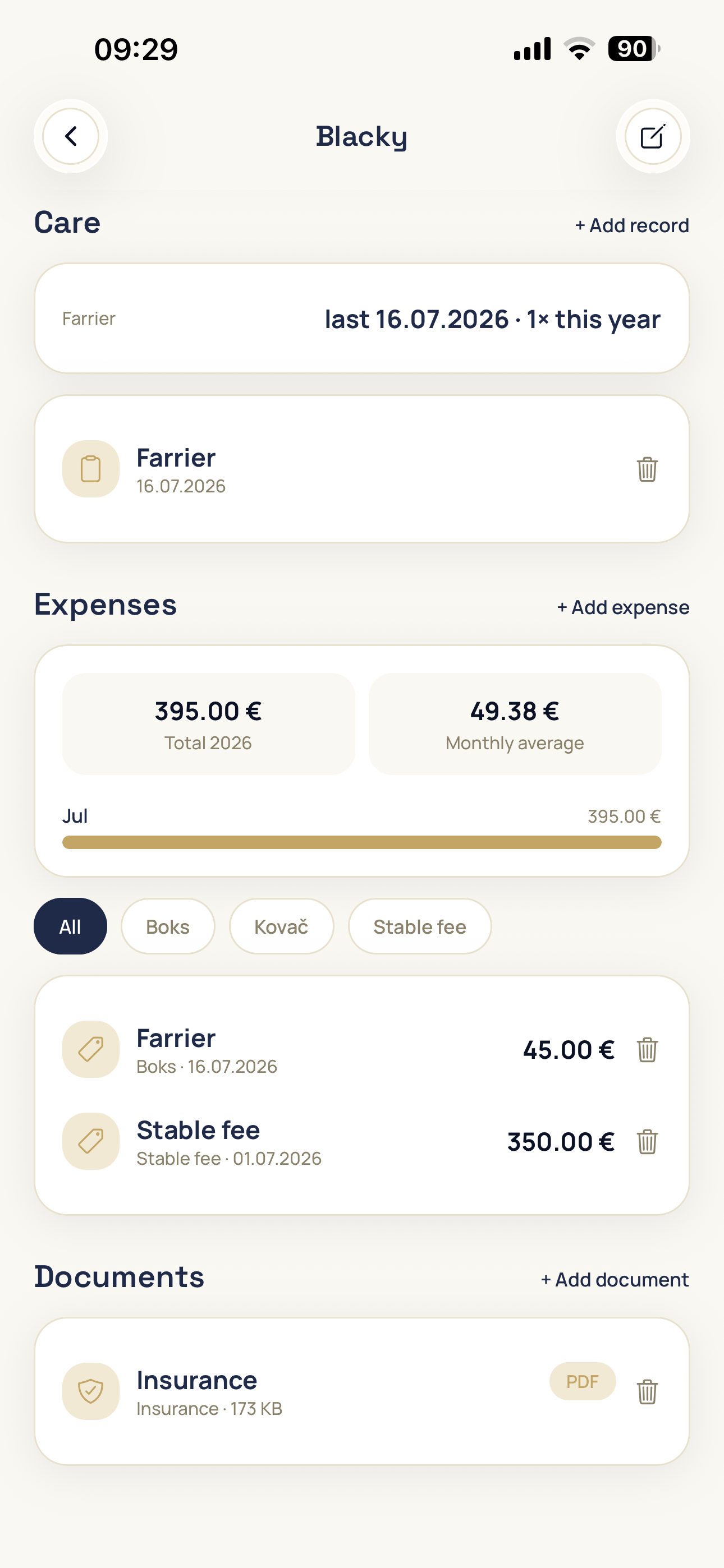 Horse care with reminders in the mobile app