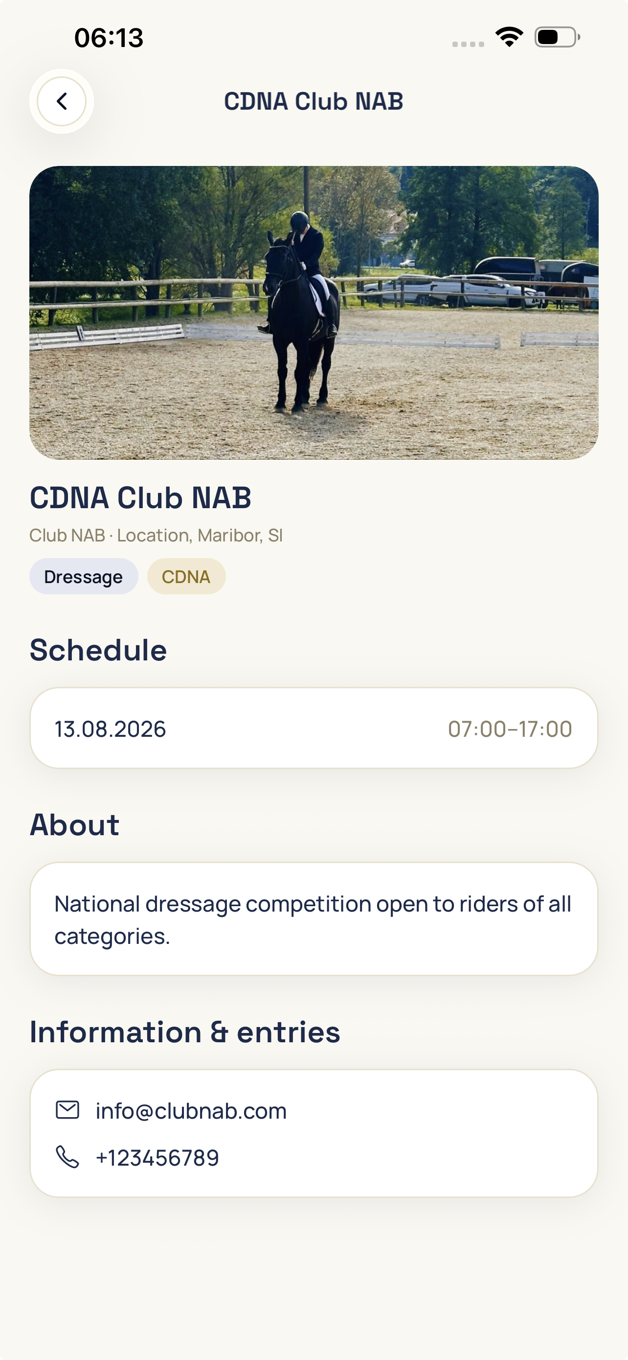 The competition calendar in the mobile app