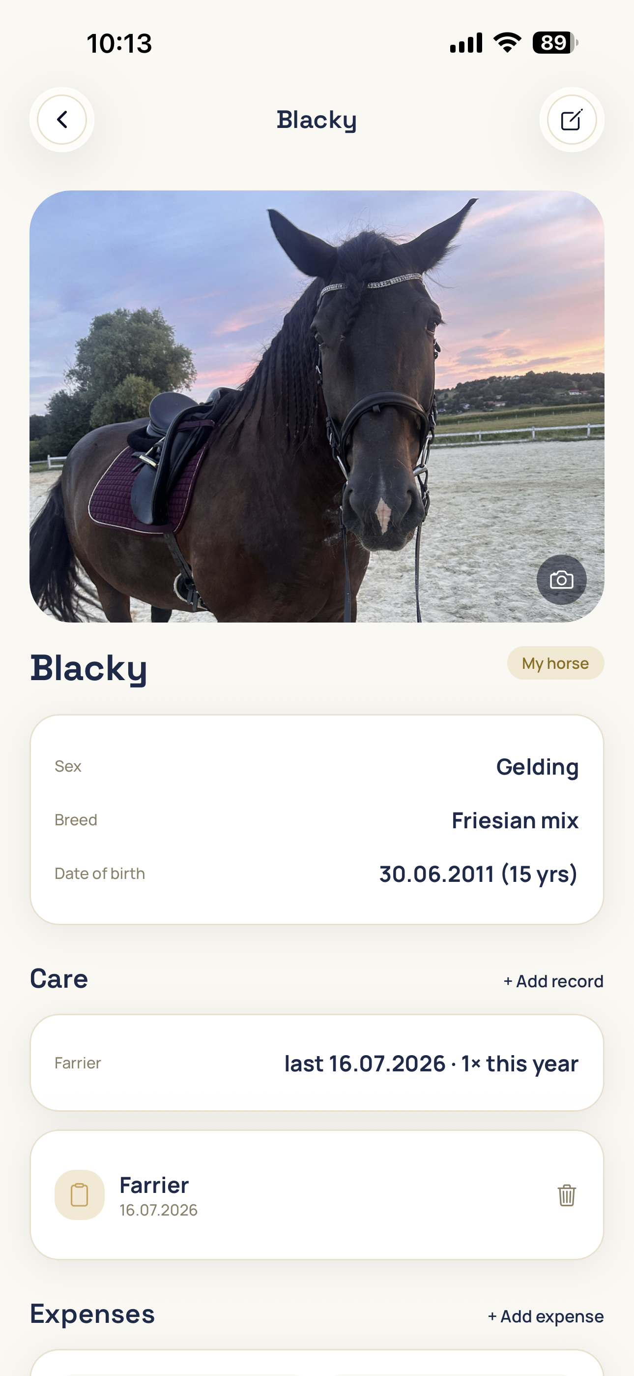 A horse's record in the mobile app