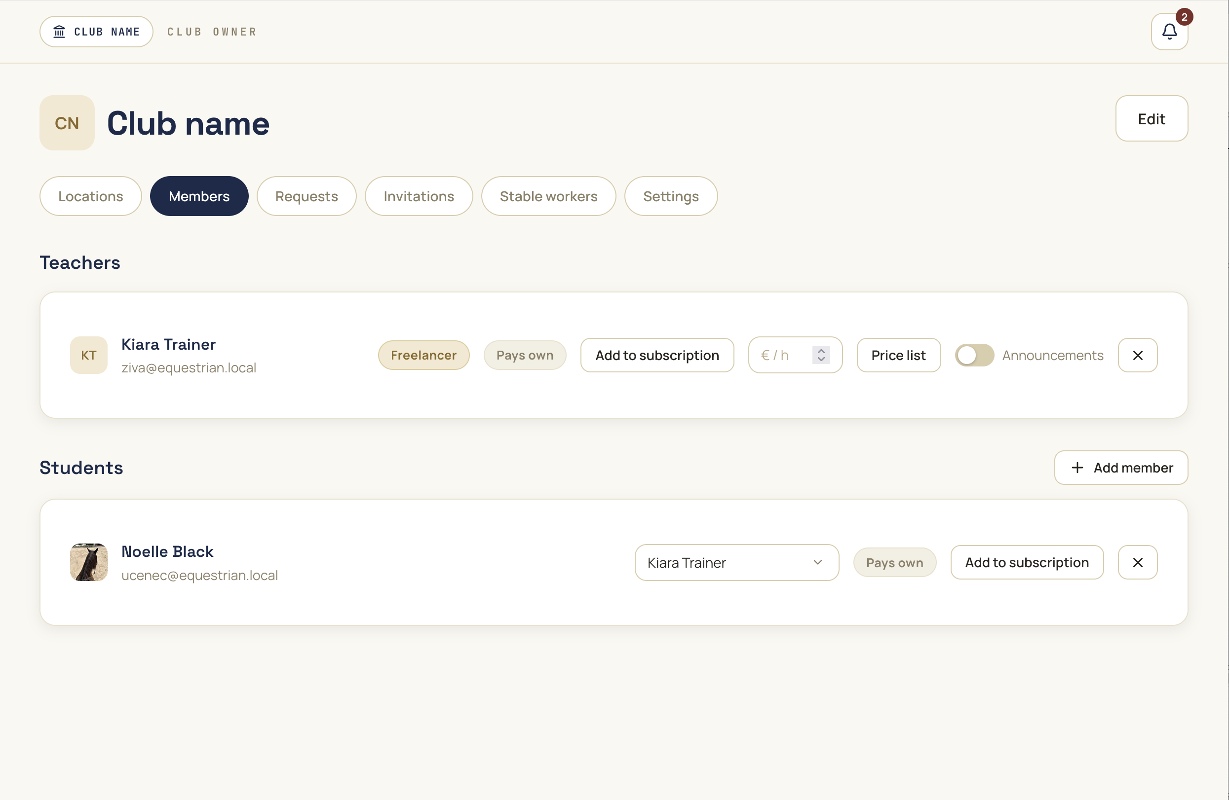 The web app — club members and invitations